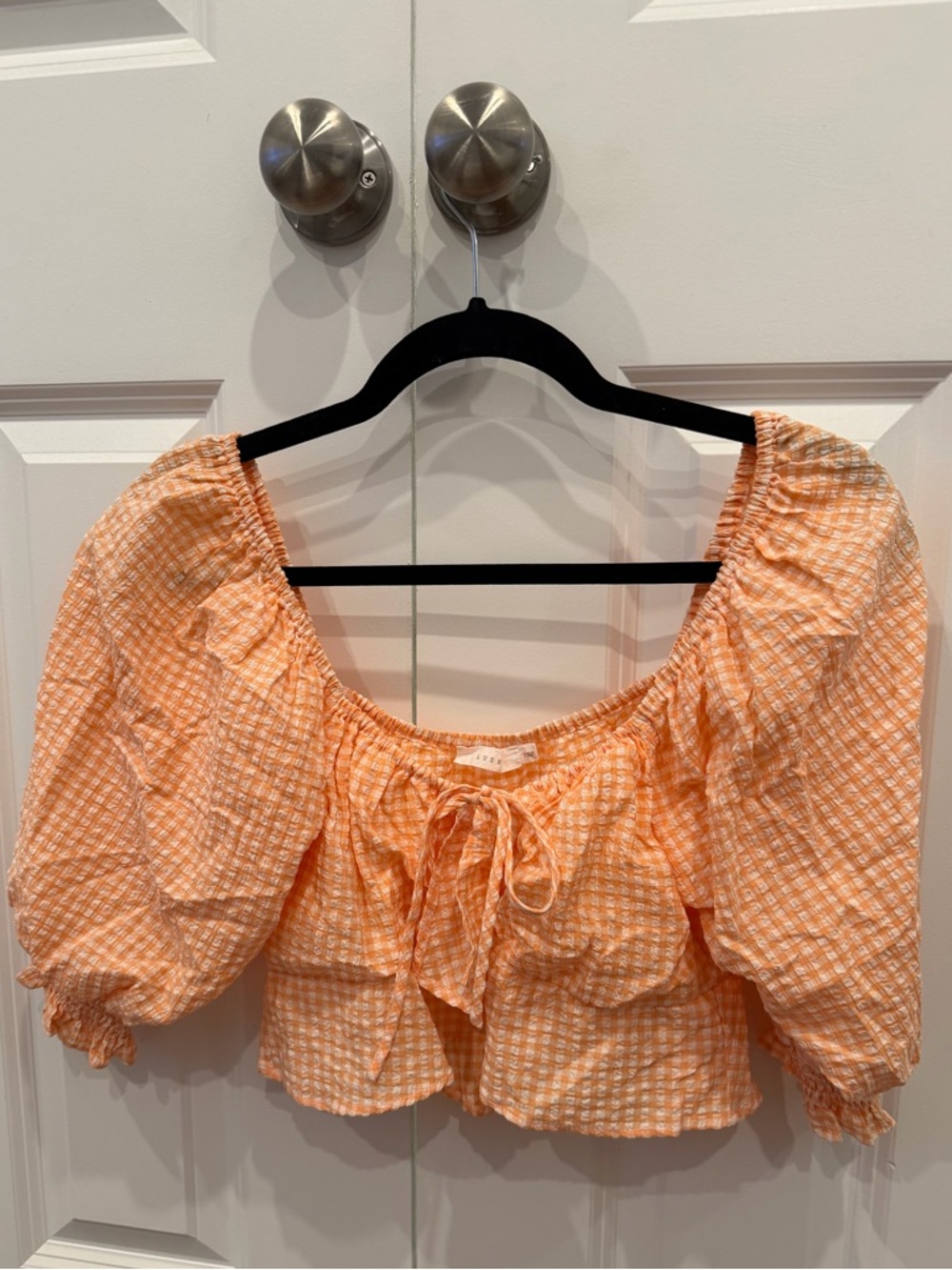 Lush Peach Gingham Puff-Sleeve Tie-Front Blouse